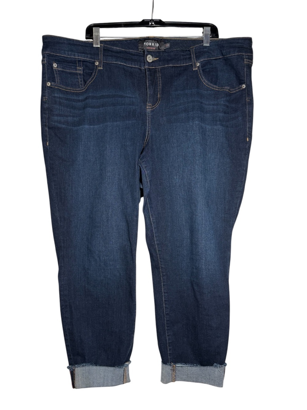 Torrid Cropped Boyfriend Jeans Dark Blue Wash Size 22 PREMIUM FIT Stretchy